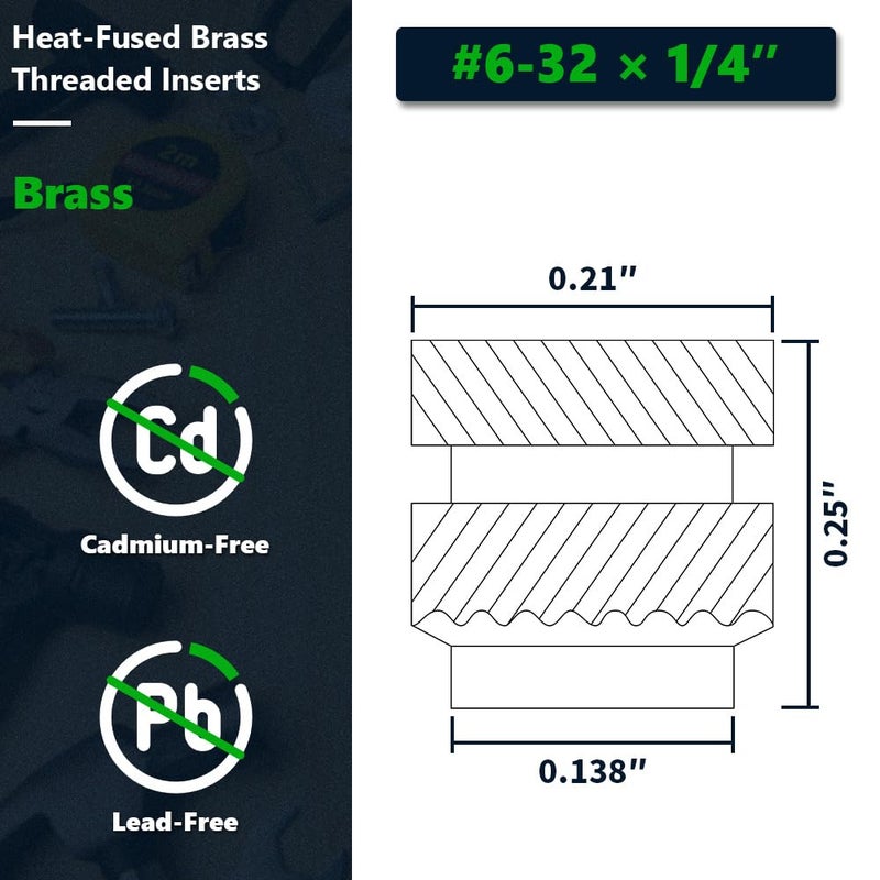 RoyceMart #6-32 Brass Threaded Inserts (60-Pack), Heat Set Knurled Nuts for 3D Printing & Plastics, 1/4" Height, Female Threaded Brass Inserts - Image 2